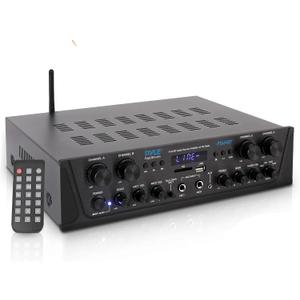 Pyle 500W Karaoke Wireless Bluetooth Amplifier - 4 Channel Stereo Audio Home Theater Speaker Sound Power Receiver w/AUX in, FM, RCA Subwoofer Speakers Out, USB, Microphone in w/Echo - Pyle PTA44BT.5