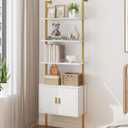 Yusong 73" Tall Bookshelf with Cabinet, Industrial Ladder Wall Mount Shelf Bookcase with Wood and Metal Frame, Plant Shelf Wall Storage Display for Living Room Bedroom, White Gold