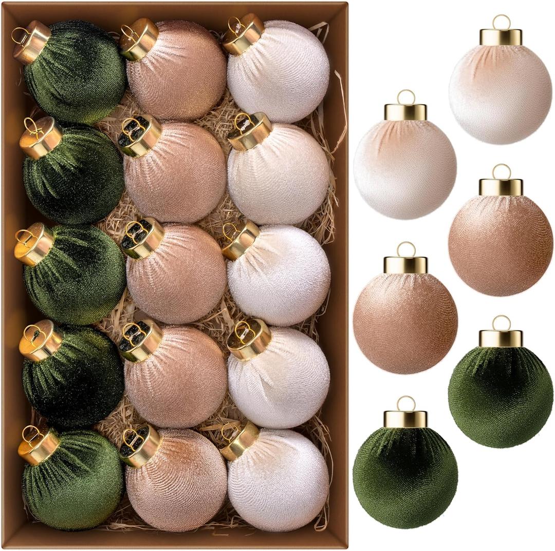 JOYIN 15 Pcs Christmas Velvet Ball Ornaments Set, 2.36'' Green Brown Neutral Tree Hanging Christmas Decorations, Xmas Shatterproof Indoor Decor for Tree Wreath Holidays Wedding Party