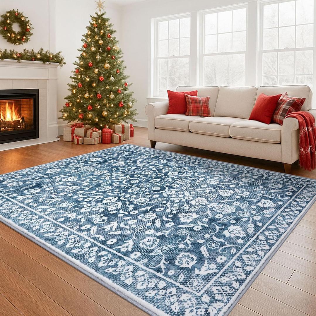 Vintage Area Rug 6x9, Blue and White Non-Slip Soft Area Rug Living Room Thin Printed Faux Wool Floor Super Soft Carpet Throw Rugs for Bedroom Dining Room Playroom Indoor Office