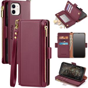 Antsturdy Compatible with iPhone 12 Wallet Case,RFID Blocking PU Leather Phone Case Women Men Kickstand Flip Cover Wrist Strap Zipper Credit Card Holder Slots,for Apple 12 Pro 6.1", Burgundy