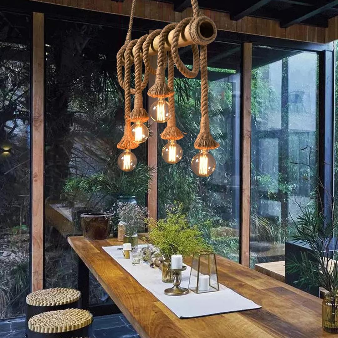 Arturesthome 5 Heads Vintage Bamboo Chandeliers Hemp Rope Pendant Light