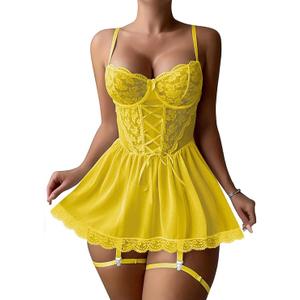 Lilosy Sexy Garter Belt Mesh Lace Babydoll Lingerie Dress Set with Thong (Large, Yellow)