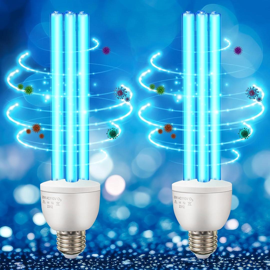 Qualirey 2 Pack UV Germicidal Light Bulb with Ozone, 25 Watt Replacement UVC Lamp E26 E27 110V, UV Disinfection Light Bulb for Basement Bedroom Kitchen to Kill Germs, Bacteria, Kill Mites
