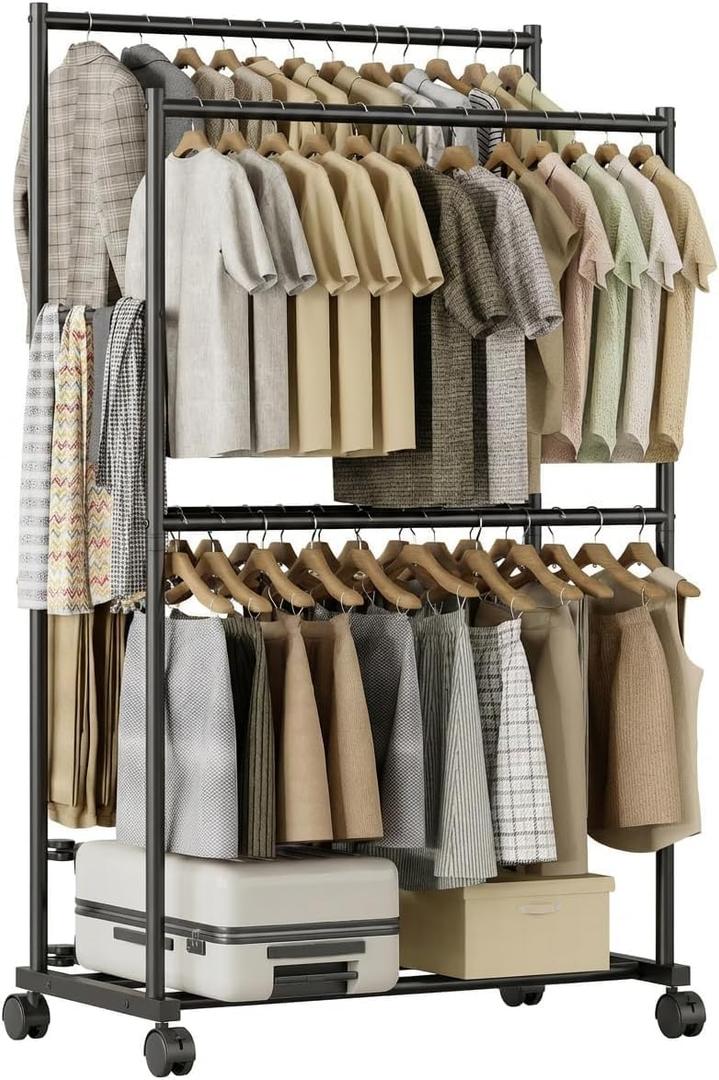 Clothes Rack - 36.2" x 21.3" x 72", 4-Bar Double Rod Rolling Metal Clothing Rack for Hanging Clothes, Portable Garment Rack with Wheels for Bedroom Laundry, Closet Wardrobe, Black