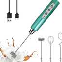 YUSWKO Green Handheld Milk Frother Wand for Coffee, Rechargeable Electric Whisk with 3 Heads 3 Speeds Drink Mixer Coffee Frother For Latte, Cappuccino, Hot Chocolate, Egg