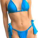 Women Thong Bikini Set Cheeky Halter Triangle String Two Piece Swimsuits Sexy Ruched Brazilian Bathing Suit (Blue, S)