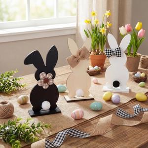 Pinkunn 3 Pcs Wooden Easter Table Decorations Signs Farmhouse Bunny Decor Signs Tabletop Centerpiece Black and White Easter Decor Farmhouse Spring Rustic Tiered Tray for Home Kitchen Office Party Gift