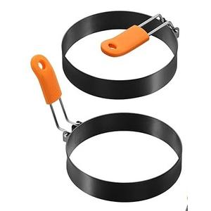 Patelai 2 Pcs Professional Egg Ring Pancake Ring Set Stainless Steel Fried Egg Molds Griddle Pancake Shapers with Orange Silicone Handle for Breakfast Omelette Sandwich(4 Inch)