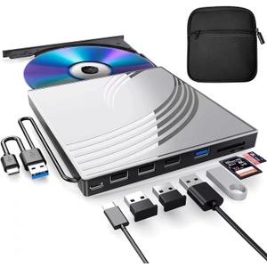 External CD/DVD Drive for Laptop with Carrying Case,DVD Player for Laptop,Portable CD Burner with 4 USB Ports, 2 TF/SD Card Slots,CD Disk Drive Player Reader Write (Silver)