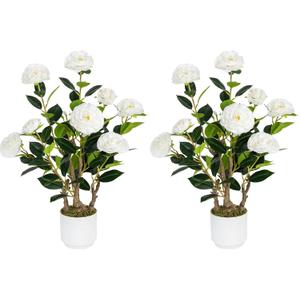 Jcezvnt 2 Pack Artificial Camellia Tree with White Pot, 24" Faux Potted Plants for Indoor Outdoor Decor, Tall Silk Greenery Plant for Home Office Living Room Balcony, White