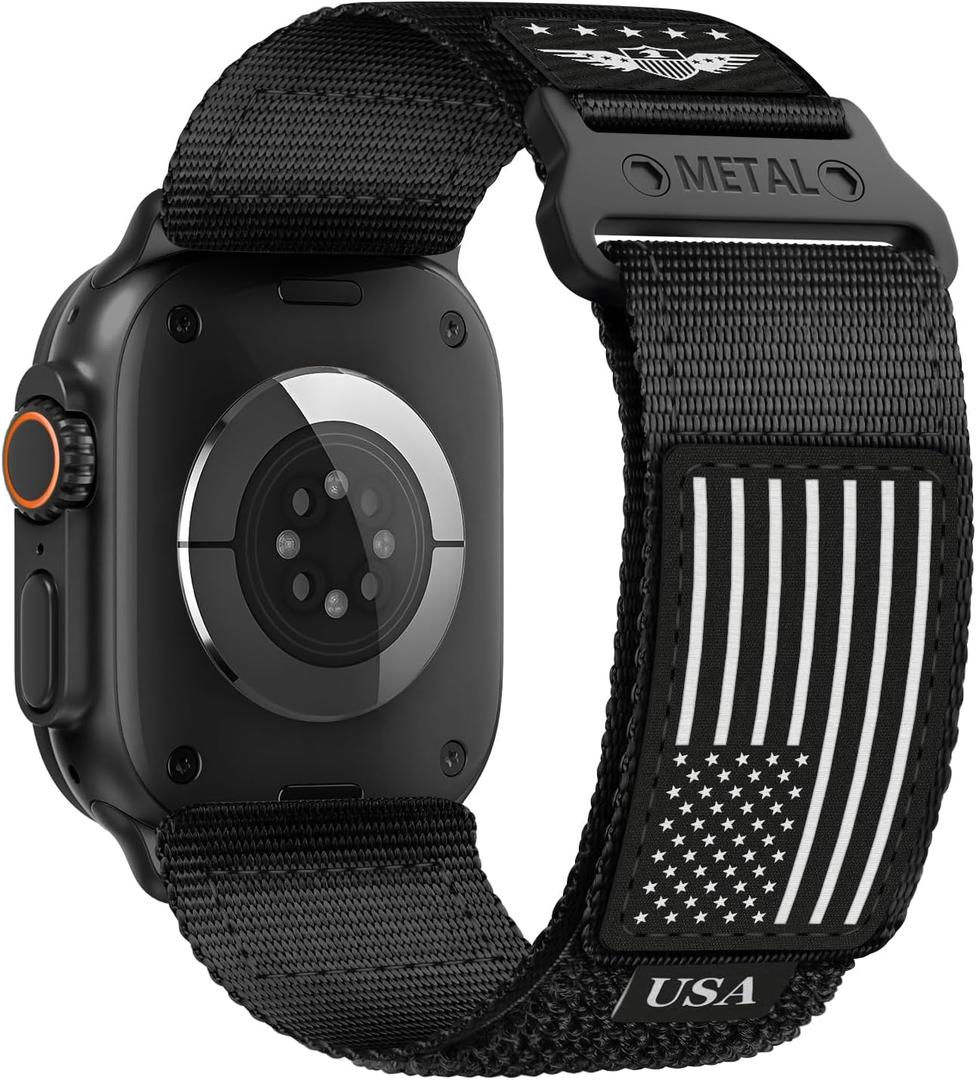Rugged Nylon for Apple Watch Ultra 2/ Ultra 3 Band Series 11/10/9/8/7/6/5/4/3/SE iWatch Bands Men,Soft Woven Stars-Stripes Flag Wristbands Strap for Apple Watch Ultra 3/2/1 49mm 46mm 45mm 44mm 42mm