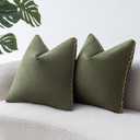 Olive Green Linen Cotton Throw Pillow Covers 18x18 Inch Set of 2, Modern Boho Aesthetic Accent Pillow Cases with Woven Flange for Couch Sofa Bed Room Earthy Tone Home Decor