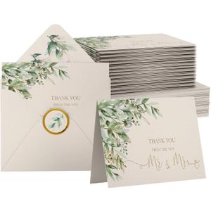 VNS Creations 100 Thick & Sturdy Blank Wedding Thank You Cards With Envelopes. 4x6 Inches Wedding Thank You Notes. Includes High Quality Stickers To Seal New Mr. & Mrs. Thank You Wedding Cards (Greenery & Gold)