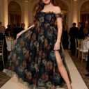 Women's Plus Size Formal Party Cocktail Dress, Wedding Guest Evening Gown with Slit - Off Shoulder Floral Tulle Maxi Dress