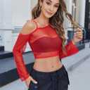 Avidlove Mesh Crop Tops for Women Long Sleeve Fishnet Shirt See Through Tops Rave Outfits Party Clubwear (Red)