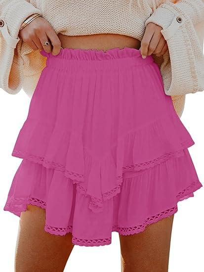 Flowy Shorts for Women Casual Boho Ruffle Tiered Skorts High Waist Mini Skirts Golf Tennis Going Out Trendy Shorts, XL, Pink Color