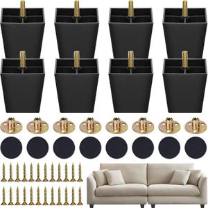 8 Pack 3 Inch Furniture Replacement Legs,Square Tapered Feet Sofa Legs with T-Nuts Screws for Legs Sofas,Chairs,Cabinets,Dressers,Beds,Black (8, 3 inch)