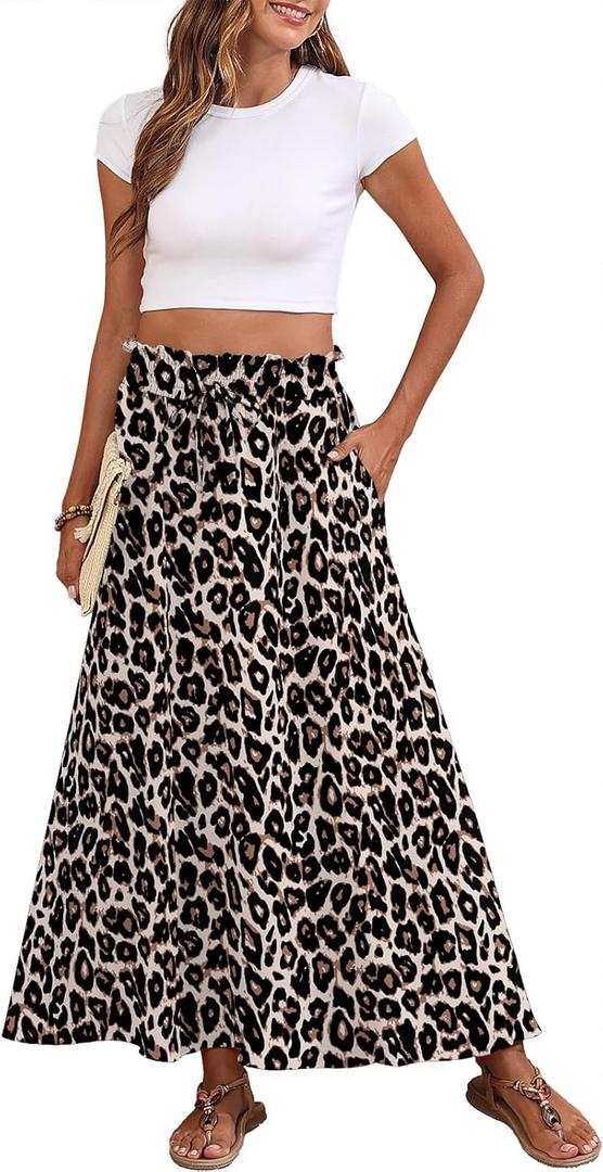 Askyes Womens Maxi Skirt Summer Tie Knot Elastic High Waisted Boho Casual Beach Flowy Swing Long Skirts with Pockets 3XL