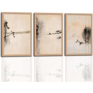 japanese zen wall art set of 3, Scandinavian Pine Tree Canvas Prints | Abstract Ink Landscape Canvas Prints, Neutral Pine Tree and Bird Artwork, for Living Room Bedroom Office 16x24 Inch