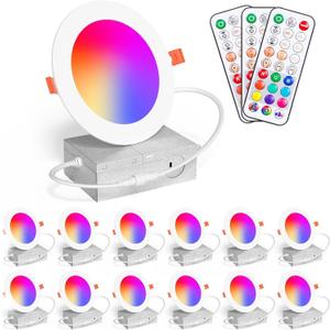 Recessed Lighting 4 Inch RGBCW Color Changing 12W LED Downlights with Junction Box,1080Lumens Canless LED Recessed Ceiling Lights Dimmable by Remote Control,Memory,Timer,Delayed Off,3 Modes, 12 Pack