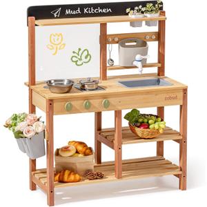 Robud Mud Kitchen, Wooden Outdoor Kitchen for Kids, Pretend Play Set with Sink, Faucet, Planting Pots, Cooking Accessories, Ideal Gift for Boys Girls Ages 3+