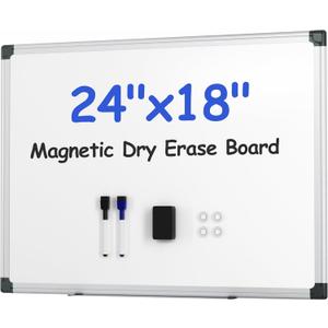 VUSIGN Magnetic White Board Kit for Wall 24" x 18", 1 Dry Eraser & 2 Multicolor Markers & 4 Magnetic Pins, Sliver Reinforced Aluminum Frame for Home, School, Office