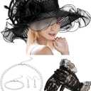 Derby Hat for Women 2026 Wide Brim Organza Sun Church Hat Set Feather Floral Fascinator for Tea Party Wedding Derby (Black)