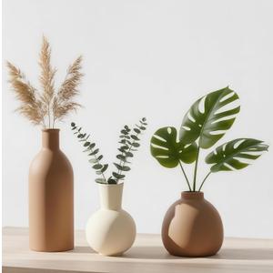 Ceramic Vase Set of 3, Modern Minimalist Farmhouse Style Home Decor Vases, Ideal for Pampas Grass & Dried Flowers, Perfect for Kitchen, Bedroom, Living Room & Dining Table Centerpiece(Brown)