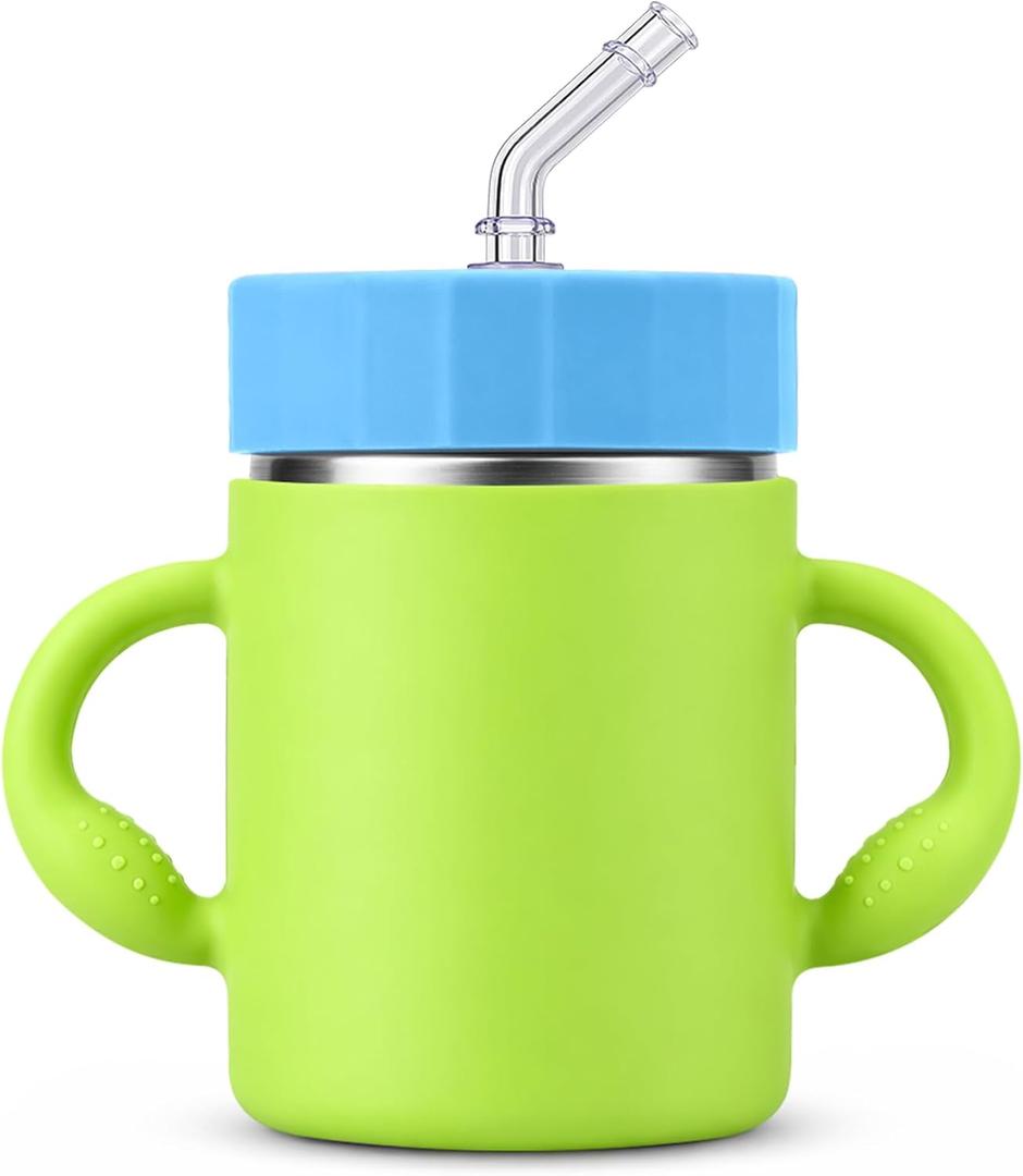 12oz Kids Stainless Steel Water Bottle, Spill Proof Insulated Stainless Steel Sippy Cup with Straw & Handles, Stainless Steel Toddler Cups with Silicone Sleeve, Great for Travel - Green