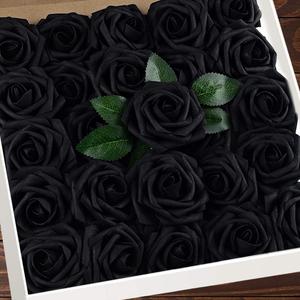 Artificial Flowers 25pcs Real Looking Black Foam Fake Roses with Stems for DIY Wedding Bouquets White Bridal Shower Centerpieces Arrangements Mothers Day Party Tables Decorations