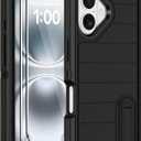 for iPhone 16 Case with Screen Protector, Heavy Duty Shockproof Drop Protection Military Grade Tri-Layer Full Covered Rugged Durable Cell Phone Cover with Built-in Invisible Kickstand 6.1" (Black)