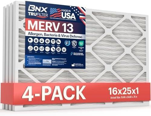 BNX TruFilter 16x25x1 Air Filter MERV 13 (2-Pack) - MADE IN USA - Electrostatic Pleated Air Conditioner HVAC AC Furnace Filters for Allergies, Pollen, Mold, Bacteria, Smoke, Allergen, MPR 1900 FPR 10
