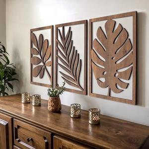 qmmp Modern Wooden Wall Sculptures - Set of 3 - Home Decor Accent - Large Wall Art for Living Room, Bedroom, Office - Easy Installation (Walnut, Large - Tree Leaves)