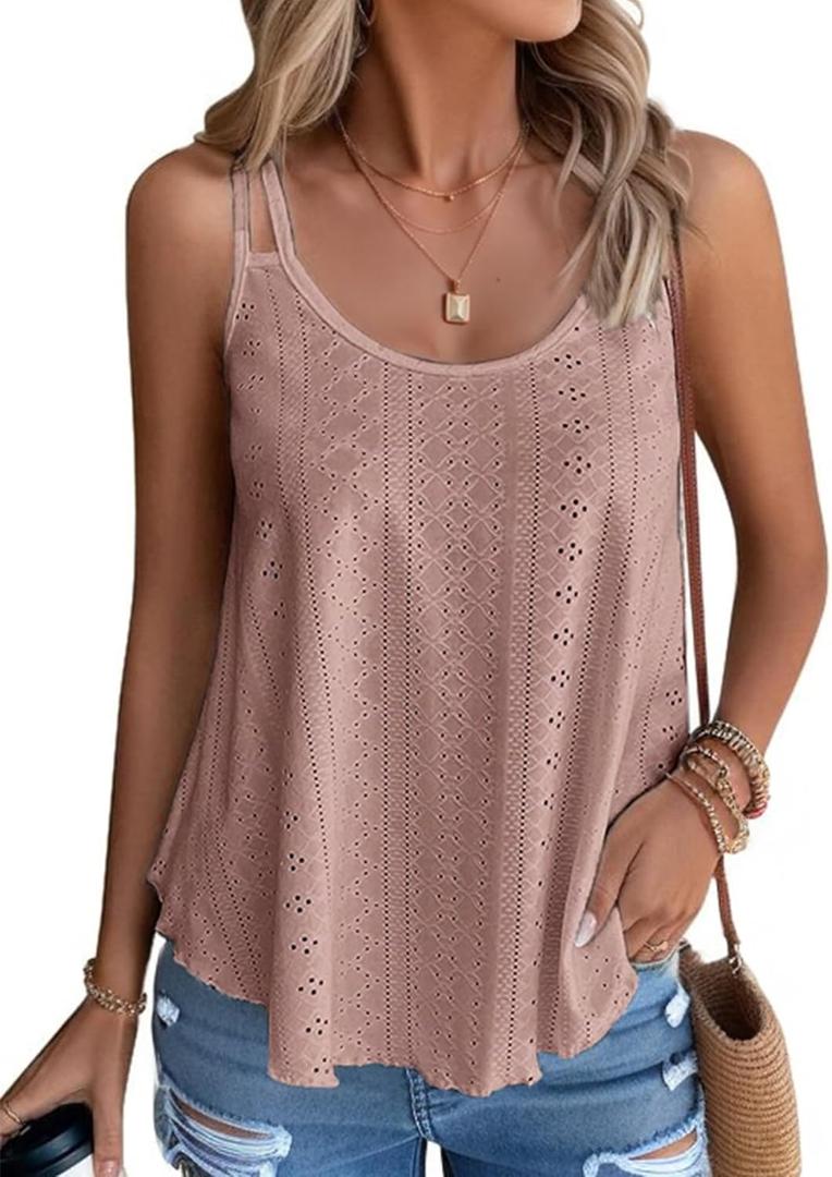 Women's Tank Tops Summer Sleeveless Casual Spaghetti Strap Blouses Eyelet Embroidery Loose Fit Tunic Shirts (Small, Dirty Pink)