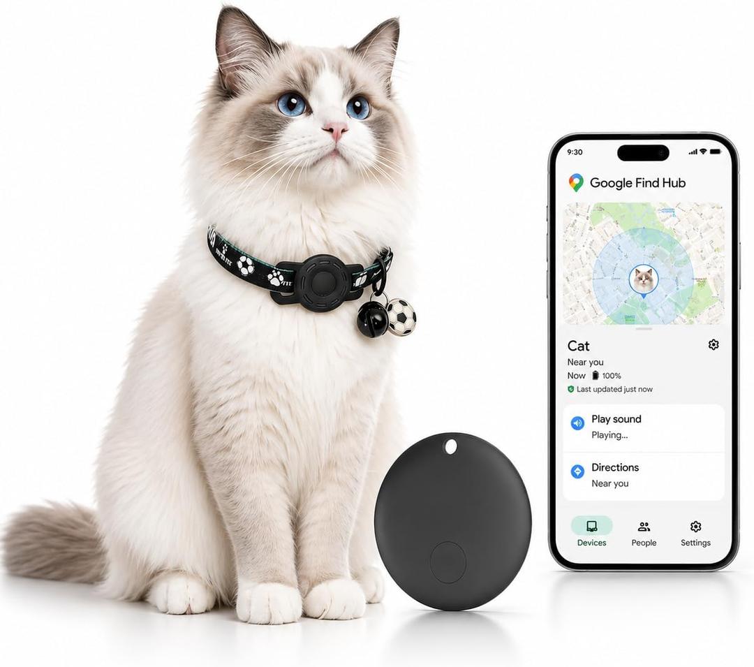 GPS Collar for Cats (Android Only) Pet Tracker, Soccer Style Smart Tag Compatible with Google Find My, Waterproof No Monthly Fee Cat Tracking Collar, Game Day Football Design for Pet Safety