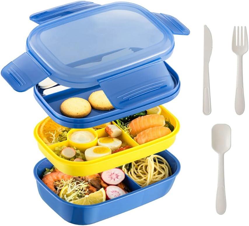 Large Capacity Bento Box Adult Lunch Box,3 Layers Stackable Bento Lunch Containers for Adults/Kids, Built-in Utensil Set, Bento Lunch Box for Dining Out, Work, School, Blue
