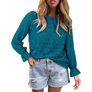 StunShow Women Eyelet Shirts Long Sleeve Shirts for Women Lace Dressy Embroidered Blouses 2025 Fashion Top (Blue, XL)
