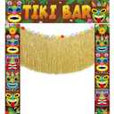 Tingjoo 4 Pcs Hawaiian Tiki Party Decorations Set Tiki Totem Door Banner Signs Aloha Grass Door Skirt Hanging Decor Luau Party Decor for Summer Tropical Birthday Beach Pool Party Supplies (Tiki Bar)