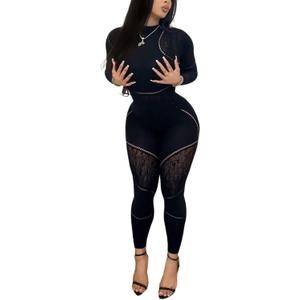 Women's Sexy Seamless Jumpsuit 2 Piece Outfit, Mock Neck Long Sleeve Bodysuit with Snap Crotch and Leggings Set (Black), Size: Small-Medium
