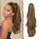FESHFEN Drawstring Ponytail Extension, Natural Long Wavy Layered Synthetic Pony Tails Honey Blonde Mixed Light Brown Hair Extensions Hairpieces for Women, 20 inch