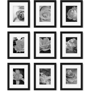 YESKAY 8x10 Picture Frame Set of 9, Display Pictures 5x7 with Mat or 8 x 10 Without Mat, Multi Photo Frames for Wall Mounting or Table Top Display, Black