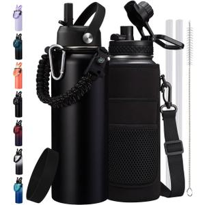 40 oz Insulated Water Bottle - Cold 48H & Hot 24H, Reusable Metal Water Bottle Hydro Cup with Paracord Handle Straw Spout Lids, Carrier Bag, Wide Mouth Thermal Mug for Sports Fitness Hiking (Black)