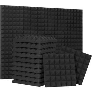 24 Pack-12 x 12 x 2 Inches Pyramid Designed Acoustic Foam Panels, Sound Proof Foam Panels Black, High Density and Fire Resistant Acoustic Panels, Sound Panels, Studio Foam for Wall and Ceiling