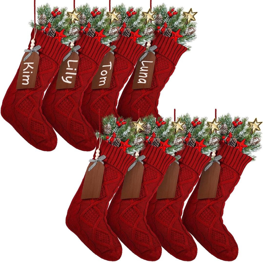 Aoriher 8 Sets Large Christmas Stockings with DIY Name Tags, 18 Inch Knitted Stockings Xmas Stocking Decorations with Christmas Stocking Tags for Xmas Family Decor (Red)