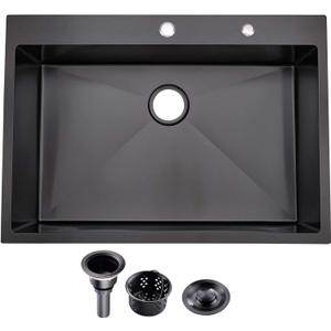 33x22x9 Drop In Kitchen Sink Black, Top mount SUS304 Stainless Steel Gunmetal Black Sink 18 Gauge Single Bowl, Handmade Commercial Modern Workstation Prep Kitchen Sinks