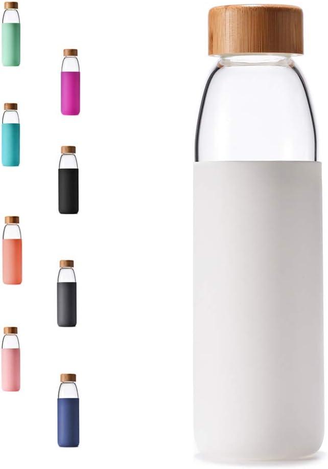veegoal 18 Oz Borosilicate Glass Water Bottles with Bamboo Lid, BPA-FREE, Non-Slip Silicone Sleeve, and Stainless Steel Leak Proof Lid - Reusable Glass Bottle for Men and Women (White)