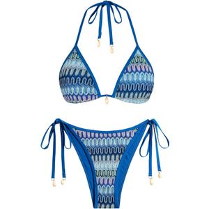 ZAFUL Women's Colorblock Stripes Triangle Halter Tied Cheeky Thong Bikini Set High Cut Two Piece Bathing Suit (2-royal Blue)