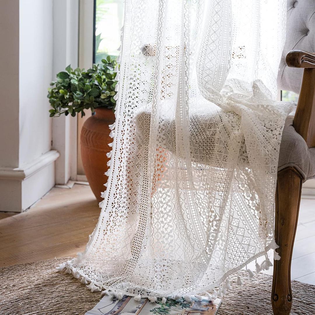 WAZZIO Boho Lace Curtains 84 Inches 2 Panel,Light Filtering Privacy Tassel & Geometry Crochet Semi Sheer Curtain Drapes for Bedroom Living Dining Room,Rod Pocket & Tassel,Victorian Decor,Off White, 59"W x 84"L