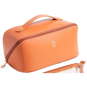 Travel Makeup Bag, Large Capacity Cosmetic Organizer Bags for Women, Waterproof PU Leather Toiletry Bags, Wide Open Flat Makeup Case with Divider and Handle